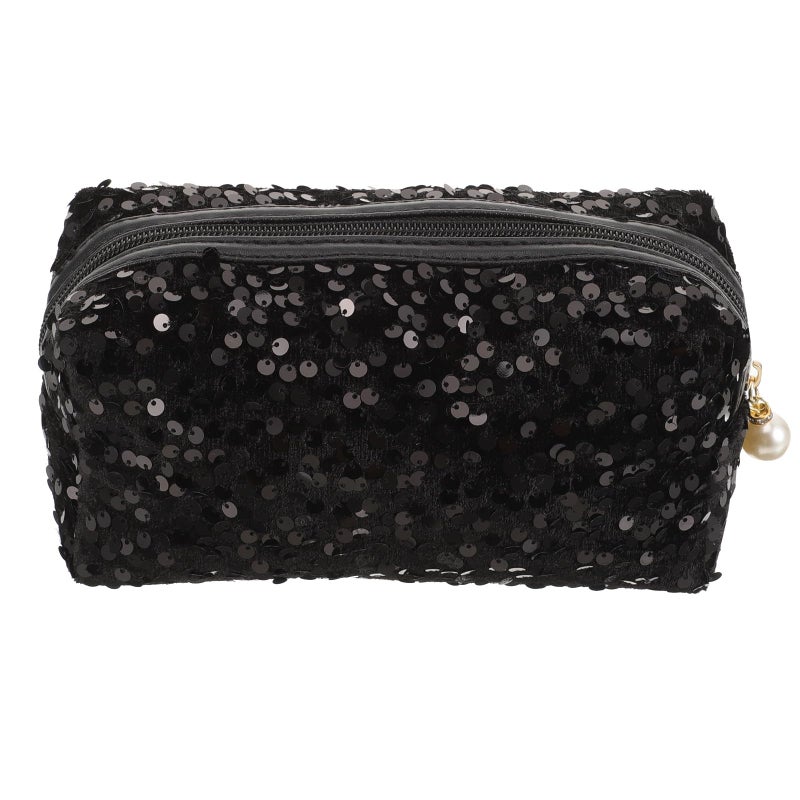 Large Capacity Black Sequin Makeup Bag Square Travel Cosmetic Organizer with Zipper - Image 2