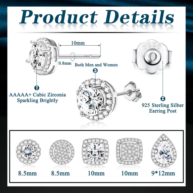 LOYALLOOK Cubic Zirconia Stud Earrings for Women Men Simulated Diamond CZ Halo Stud Earrings Round Square Iced Out Earrings 18K White Gold Plated Hypoallergenic 925 Sterling Silver Post Earring Set - Image 3