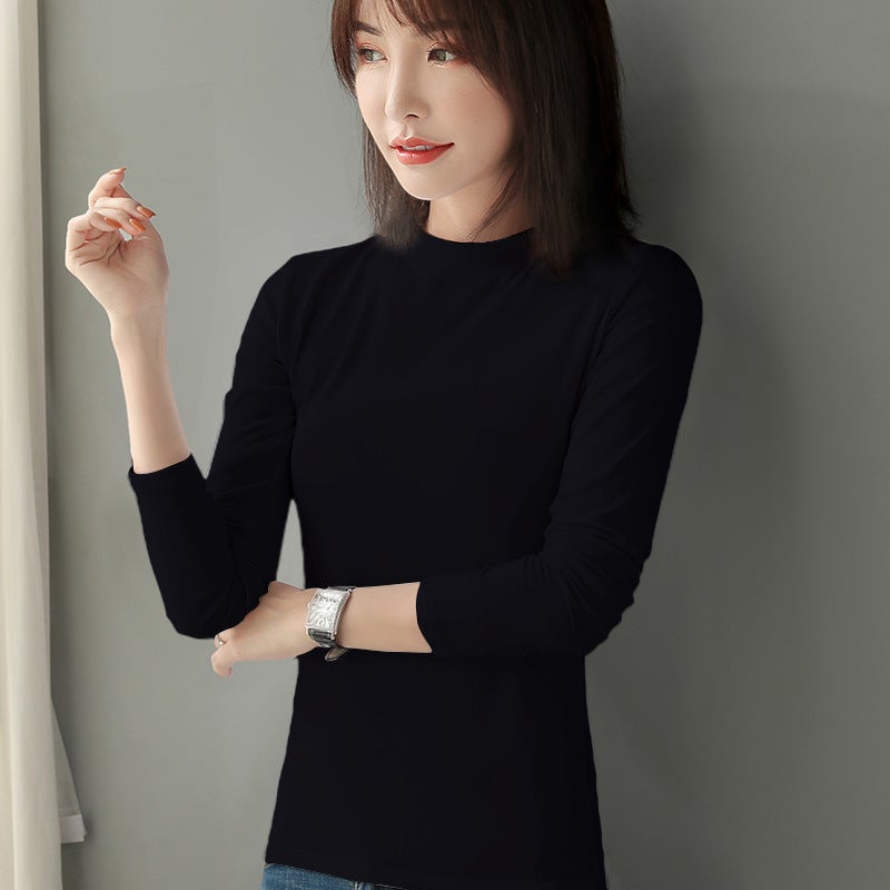Pure Cotton Autumn Pullover Solid Color Black and White T-shirt Women's Inner Slim-fit All-match Korean-style Half-high Collar Long-sleeved Base Shirt - Image 3