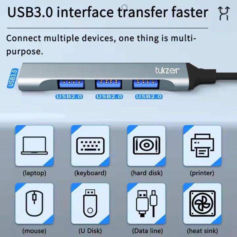 tuKZer Multiport Adapter 4-in-1 USB Hub Splitter Extender, 1xUSB 3.0 & 3 x USB 2.0 Ports, 5 Gbps High Speed Data Transfer, Universally Compatible with All USB, PC, Laptop, Hard Drive, Speaker (Grey) - Image 4