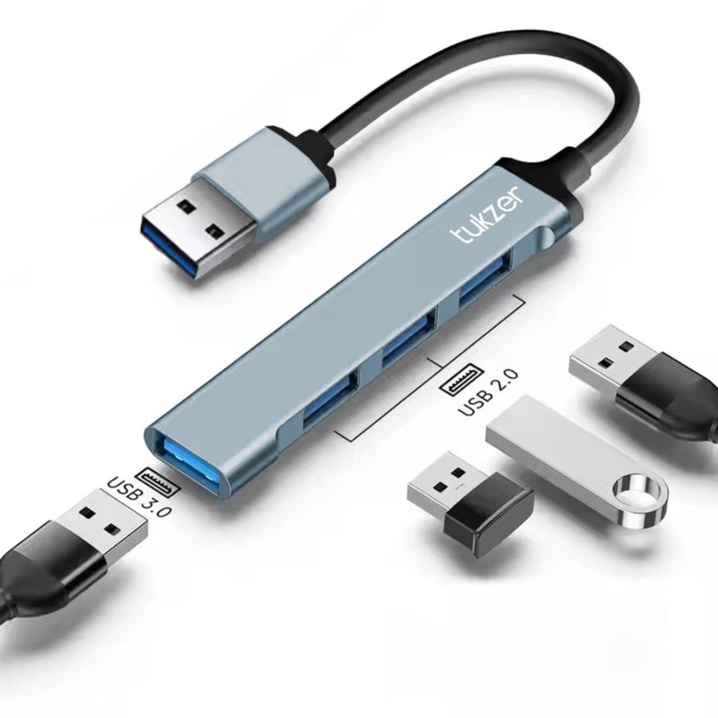 tuKZer Multiport Adapter 4-in-1 USB Hub Splitter Extender, 1xUSB 3.0 & 3 x USB 2.0 Ports, 5 Gbps High Speed Data Transfer, Universally Compatible with All USB, PC, Laptop, Hard Drive, Speaker (Grey) - Image 1