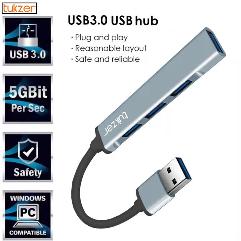 tuKZer Multiport Adapter 4-in-1 USB Hub Splitter Extender, 1xUSB 3.0 & 3 x USB 2.0 Ports, 5 Gbps High Speed Data Transfer, Universally Compatible with All USB, PC, Laptop, Hard Drive, Speaker (Grey) - Image 2