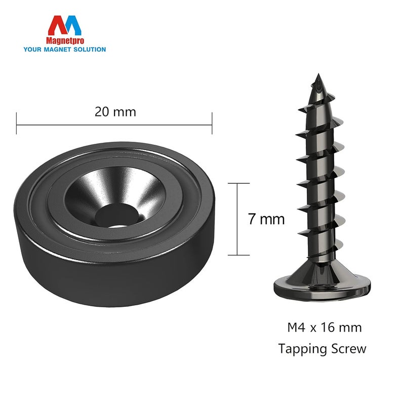 Magnetpro مجموعة مغناطيس Magnetpro مكونة من 12 مغناطيسًا مقاس 20 × 7 مم مع ثقب وكبسولة سوداء، مغناطيس وعاء غاطس مع براغي ووسادة فولاذية سوداء - Image 4