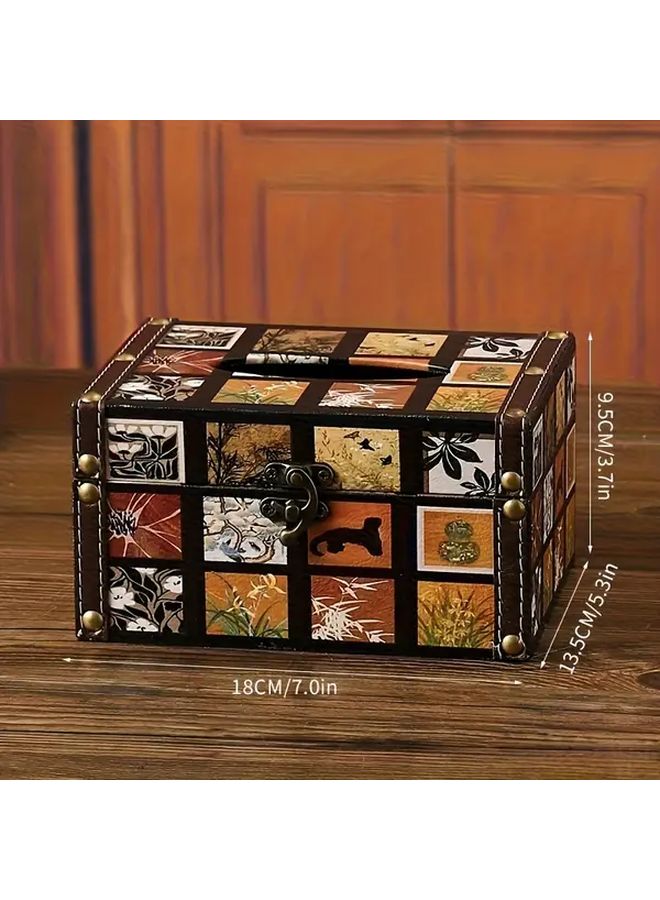 Retro Style Leather Tissue Box Holder Recycled Wood With Hidden Compartment Home Decor - Image 1