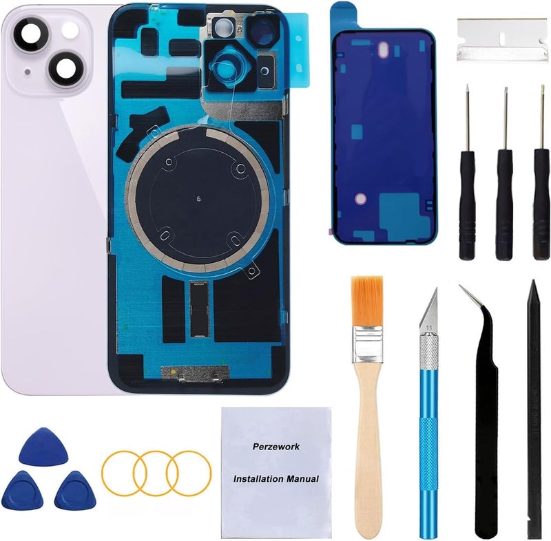 Perzework Rear Back Glass Replacement for iPhone 14 6.1-inches with + Pre-Installed Plate and Camera Frame and Lens + Reparing Tool Kit (Purple) - Image 1