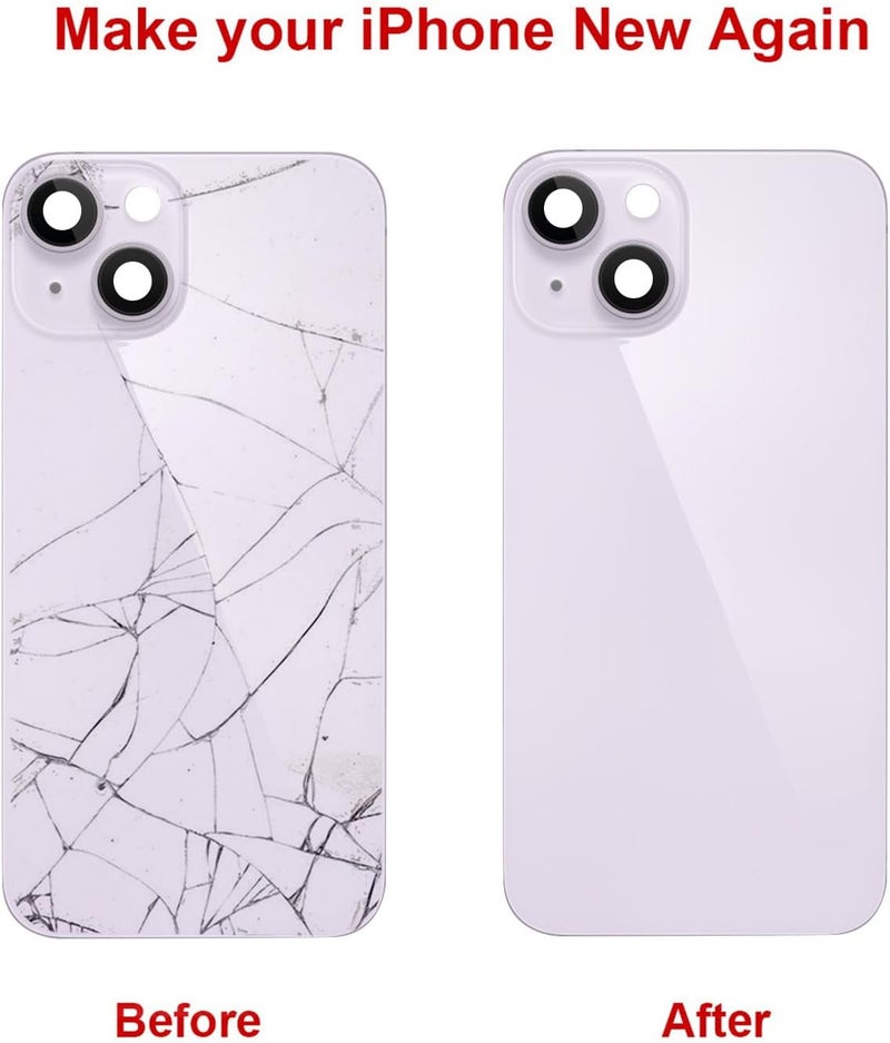 Perzework Rear Back Glass Replacement for iPhone 14 6.1-inches with + Pre-Installed Plate and Camera Frame and Lens + Reparing Tool Kit (Purple) - Image 5