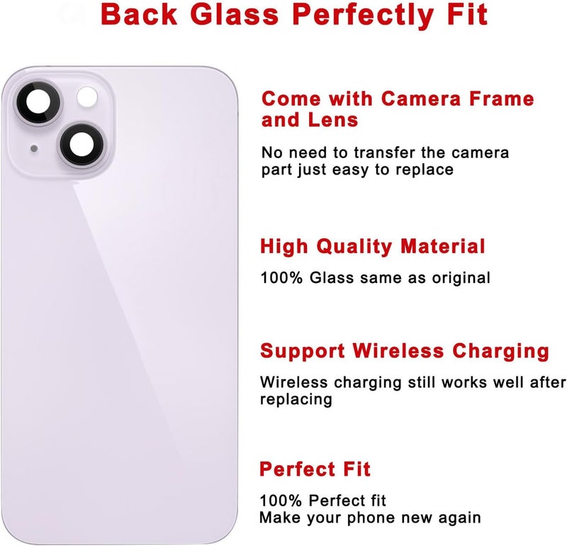 Perzework Rear Back Glass Replacement for iPhone 14 6.1-inches with + Pre-Installed Plate and Camera Frame and Lens + Reparing Tool Kit (Purple) - Image 3