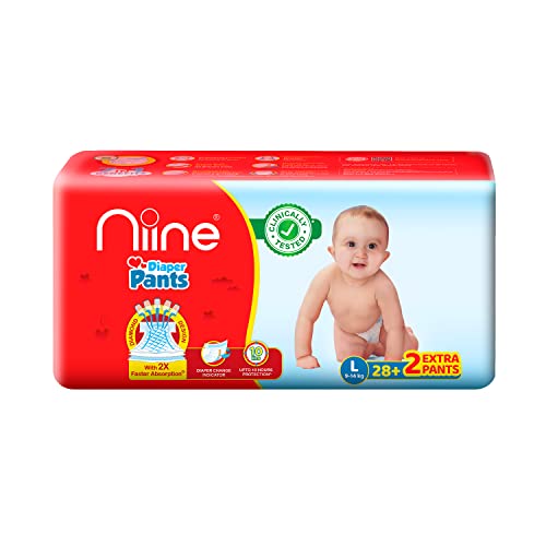 Niine Baby Diaper Pants Large(L) Size (9-14 KG) (Pack of 1) 30 Pants for Overnight Protection with Rash Control - Image 1