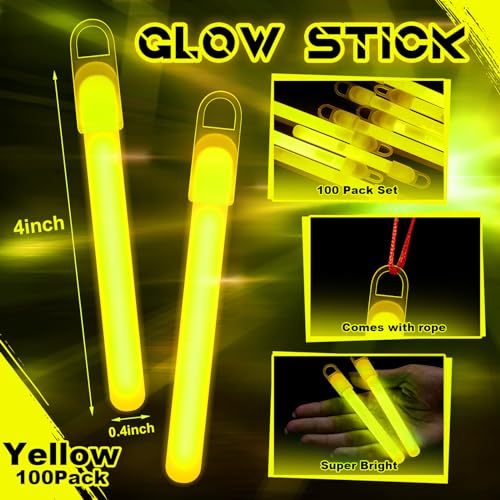 Lewtemi 100 Pack 4 or 6 Bright Glow Sticks Bulk Glow in the Dark Party Supplies Birthday and Holidays 4 InchYellow - Image 5