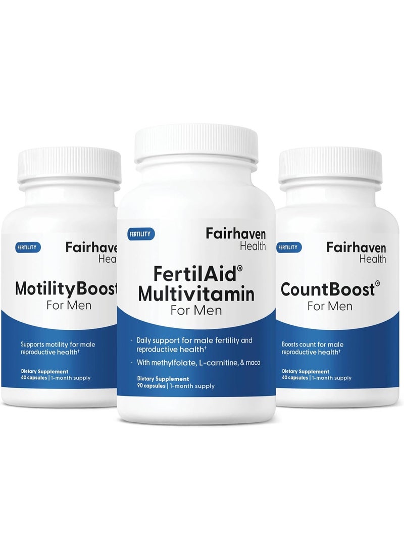 fairhaven health FertilAid for Men, MotilityBoost, Countboost Bundle - Male Fertility Stack with Preconception Vitamin & Fertility Formula Targets Count, Motility, Morphology, with Maca, Ashwagandha, CoQ10, Zinc - Image 1