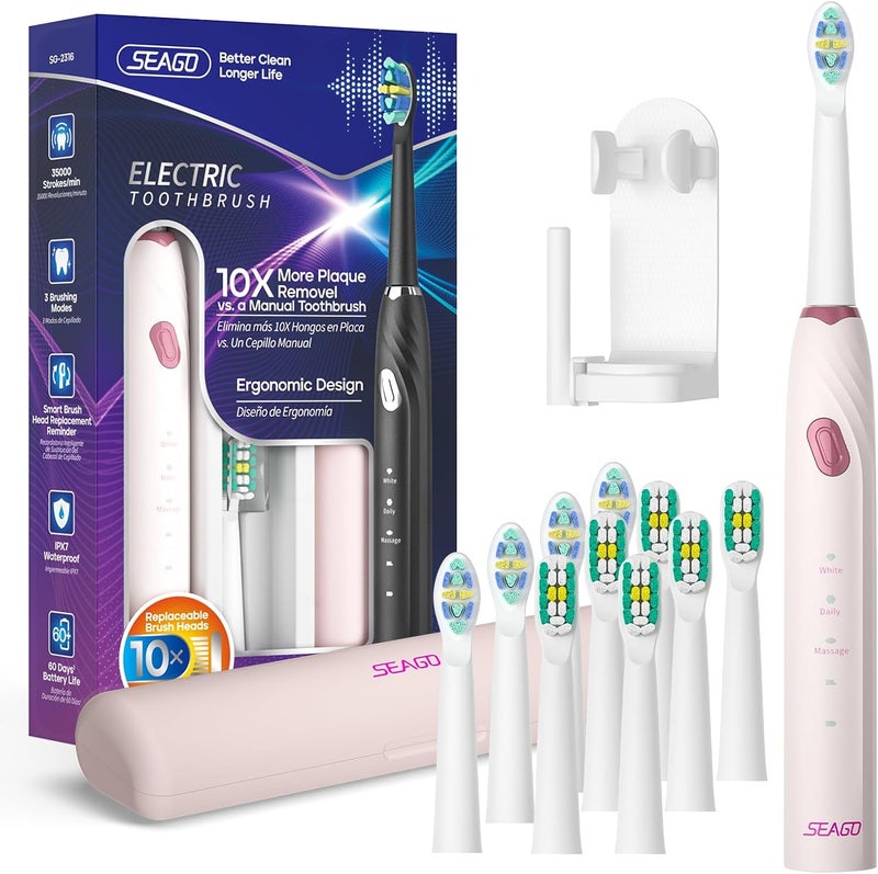 Seago Electric Toothbrush with 10 Brush Heads,Travel Toothbrush with Travel Case and Toothbrush Holder,Smart Toothbrush with Timer for Adults,SG-2316(Pink) - Image 1