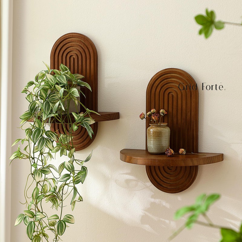 GRID FORTE Modern Wall Shelf (Set of 2) with Arched Wood Design Mid-Century Single Floating Rainbow Shelves for Indoor Decoration Holding Planter Ornaments, 14 x 11.6 Inch (Walnut) - Image 3