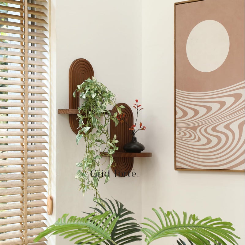 GRID FORTE Modern Wall Shelf (Set of 2) with Arched Wood Design Mid-Century Single Floating Rainbow Shelves for Indoor Decoration Holding Planter Ornaments, 14 x 11.6 Inch (Walnut) - Image 2