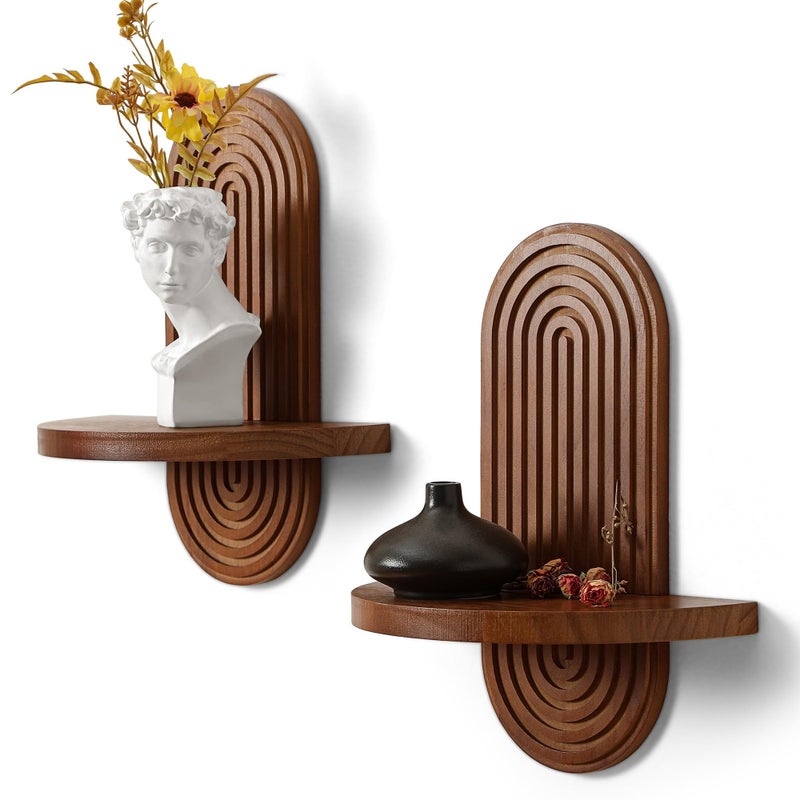 GRID FORTE Modern Wall Shelf (Set of 2) with Arched Wood Design Mid-Century Single Floating Rainbow Shelves for Indoor Decoration Holding Planter Ornaments, 14 x 11.6 Inch (Walnut) - Image 1