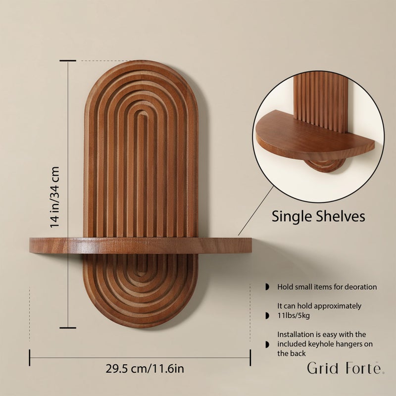 GRID FORTE Modern Wall Shelf (Set of 2) with Arched Wood Design Mid-Century Single Floating Rainbow Shelves for Indoor Decoration Holding Planter Ornaments, 14 x 11.6 Inch (Walnut) - Image 5
