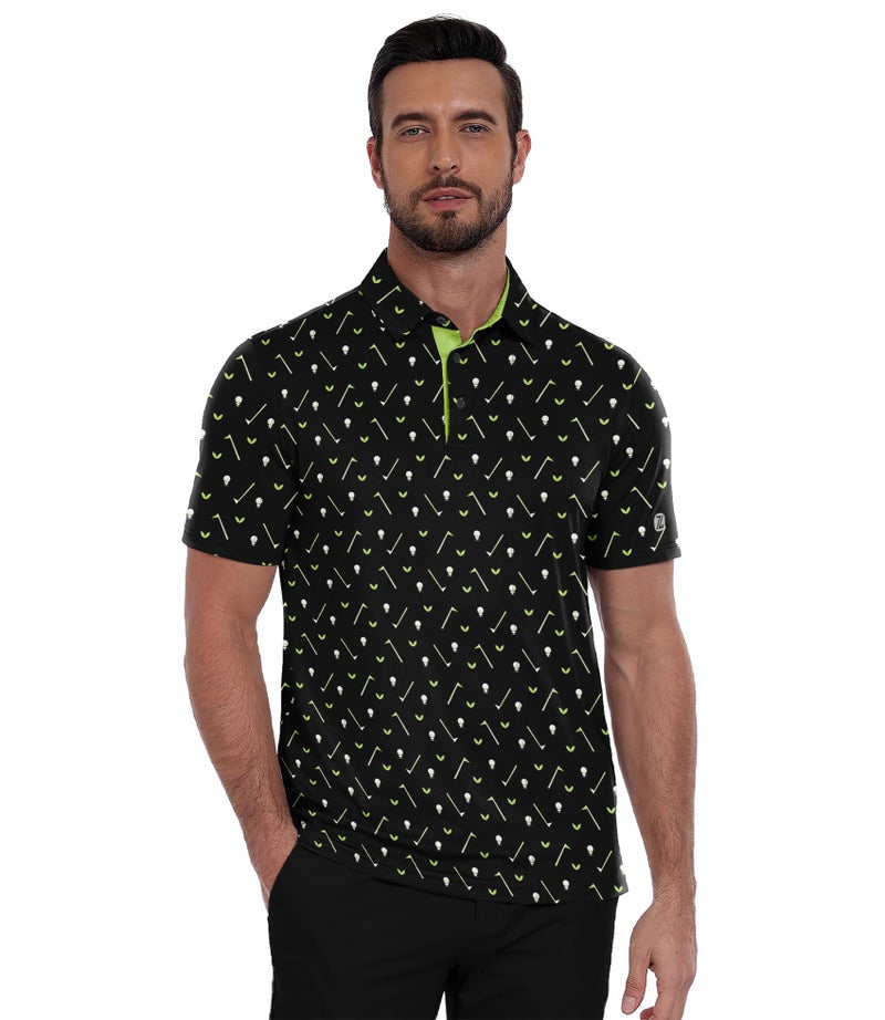 ZITY Men's Golf Polo Shirt Short Sleeve Performance Moisture Wicking Collared Print Shirt for Golf and Casual Wear, Black Golf Clubs, L - Image 2
