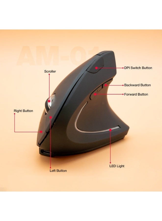 Vertical Wireless Mouse, Ergonomic 6-Button Mouse with Adjustable DPI, Type-C Rechargeable Silent Mouse for Laptop & PC - Image 2