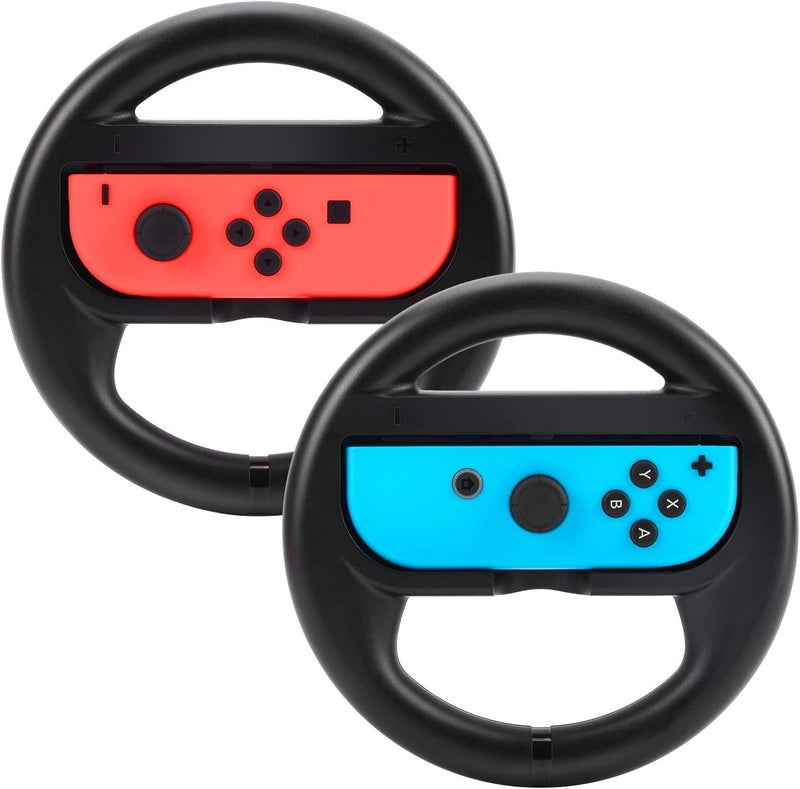 Beastron Racing Games Steering Wheel compatible with Switch Mario Kart, Joy-Con Steering Wheel, Black 2 Pack - Image 1