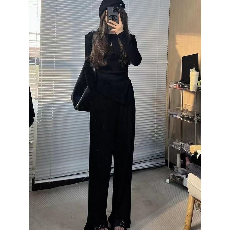 Slim-fit Top Womens Autumn and Winter Korean Style Irregular Thickened Two-piece Set Dipped Floor-length Wide-leg Trousers Slim-fit suit Trendy Black thickened anti-pilling