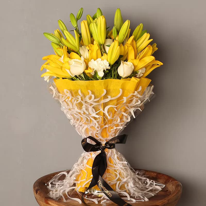FlowerAura Fresh Live Flower Bouquet of 6 Yellow Lilies 10 White Rose 10 Carnations For Birthday Gift Anniversary Gift Wedding Gift Farewell Gift Gift For Special Occasions Same Day Delivery - Image 1