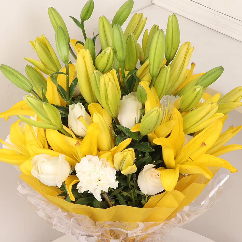 FlowerAura Fresh Live Flower Bouquet of 6 Yellow Lilies 10 White Rose 10 Carnations For Birthday Gift Anniversary Gift Wedding Gift Farewell Gift Gift For Special Occasions Same Day Delivery - Image 2