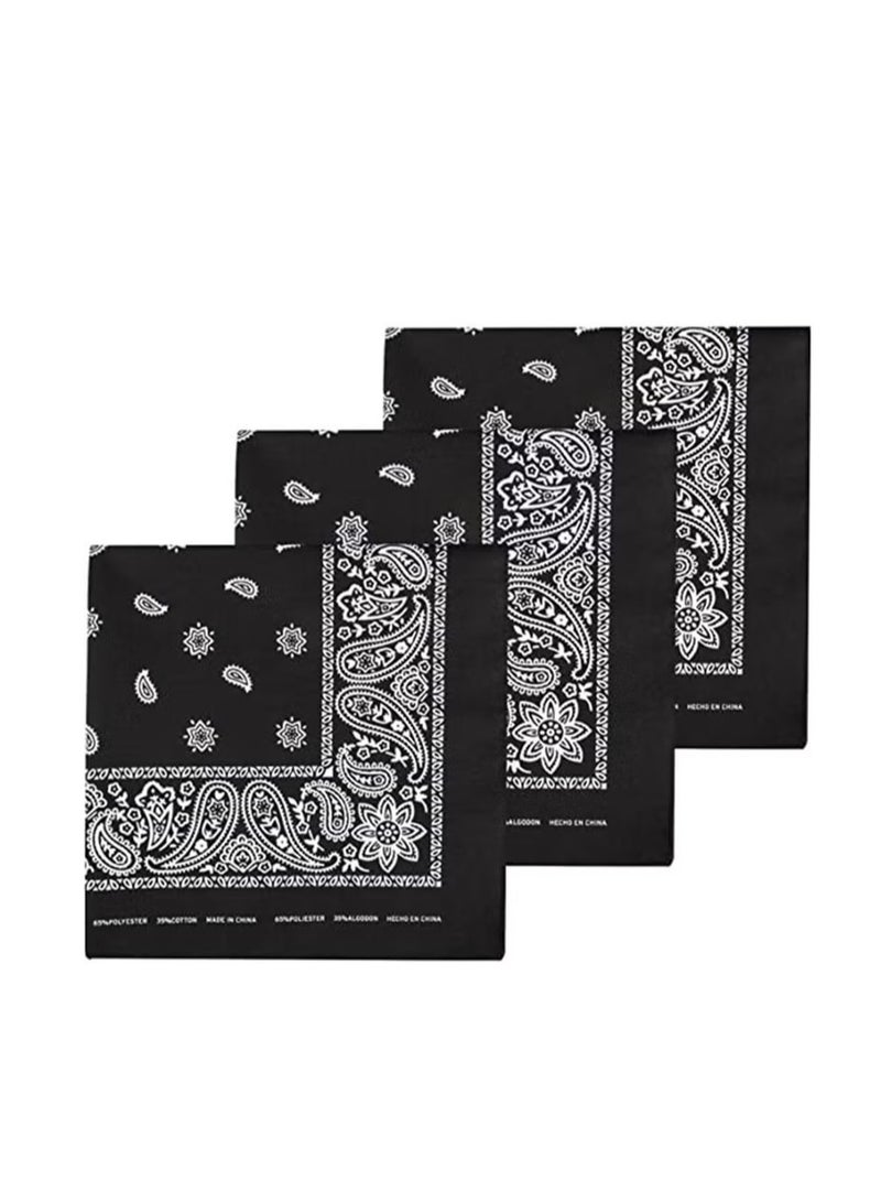 3 PCS Paisley Print Bandanas Multi-Purpose Assorted Cowboy Bandanas Unisex Head Wrap Scarf Wristband for Adults and Kids 22x22 inch Black - Image 2