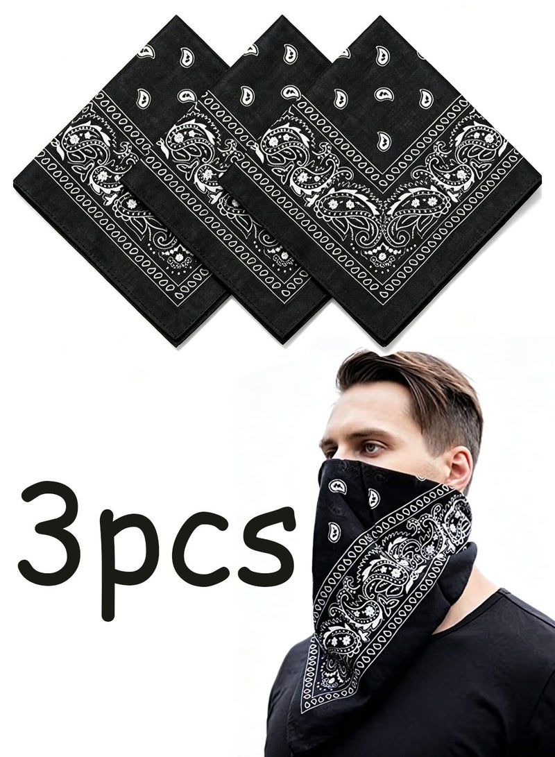 3 PCS Paisley Print Bandanas Multi-Purpose Assorted Cowboy Bandanas Unisex Head Wrap Scarf Wristband for Adults and Kids 22x22 inch Black - Image 1