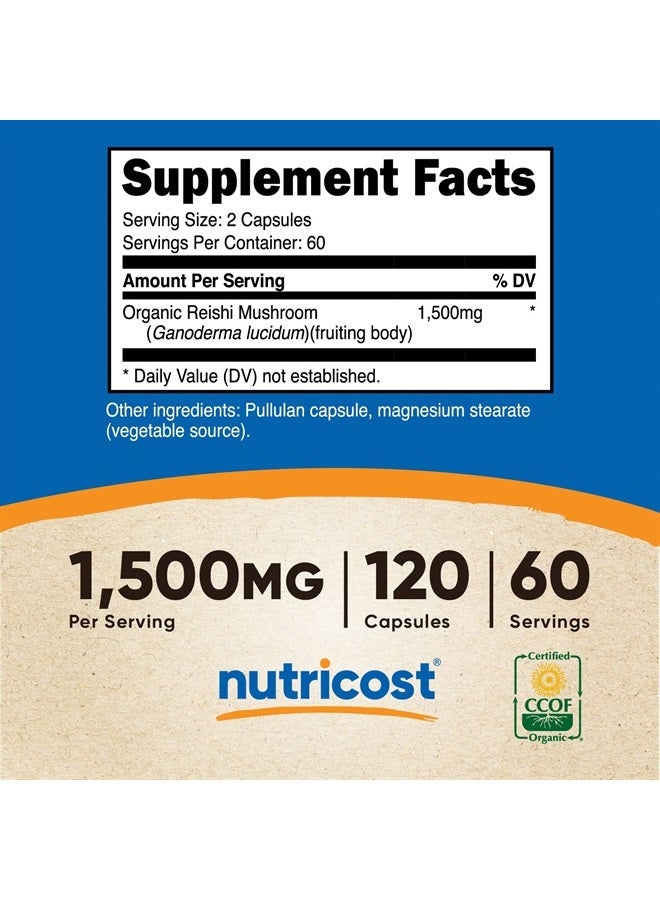 Nutricost كبسولات فطر الريشي 1500 ملغ، 60 حصة - معتمد من CCOF مصنوع من فطر الريشي العضوي، نباتي، خالي من الغلوتين، 750 ملغ لكل كبسولة، 120 كبسولة - Image 3