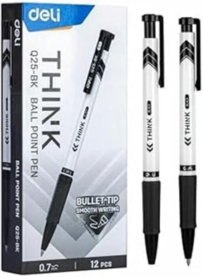 مجموعة أقلام حبر جاف سوداء من Deli Think للطلاب والمكتب، قطعة واحدة، الطرف: 0.7 مم، (eq25-bk)