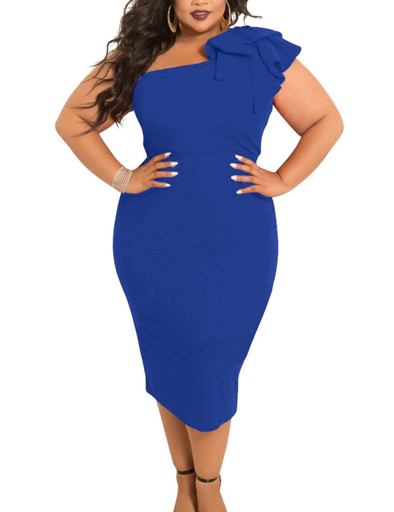 Mokoru Women's Sexy Ruffle One Shoulder Bodycon Elegant Cocktail Party Midi Dresses, Large, Royal Blue - Image 4