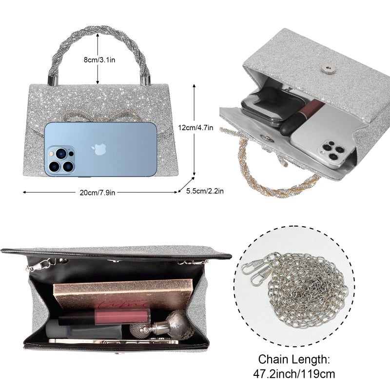 LJMBOEN Women Evening Bag Sparkly Bow Clutch Purses Wedding Glitter Rhinestone Clutch Bags Dressy Handbags for Party, Prom (Silver) - Image 5