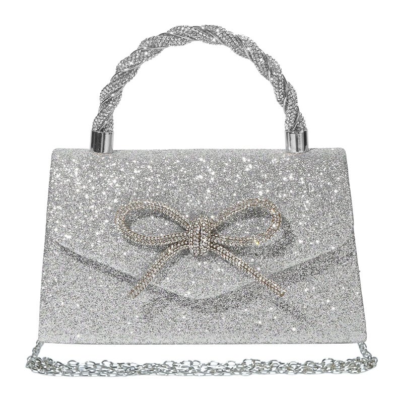 LJMBOEN Women Evening Bag Sparkly Bow Clutch Purses Wedding Glitter Rhinestone Clutch Bags Dressy Handbags for Party, Prom (Silver) - Image 1