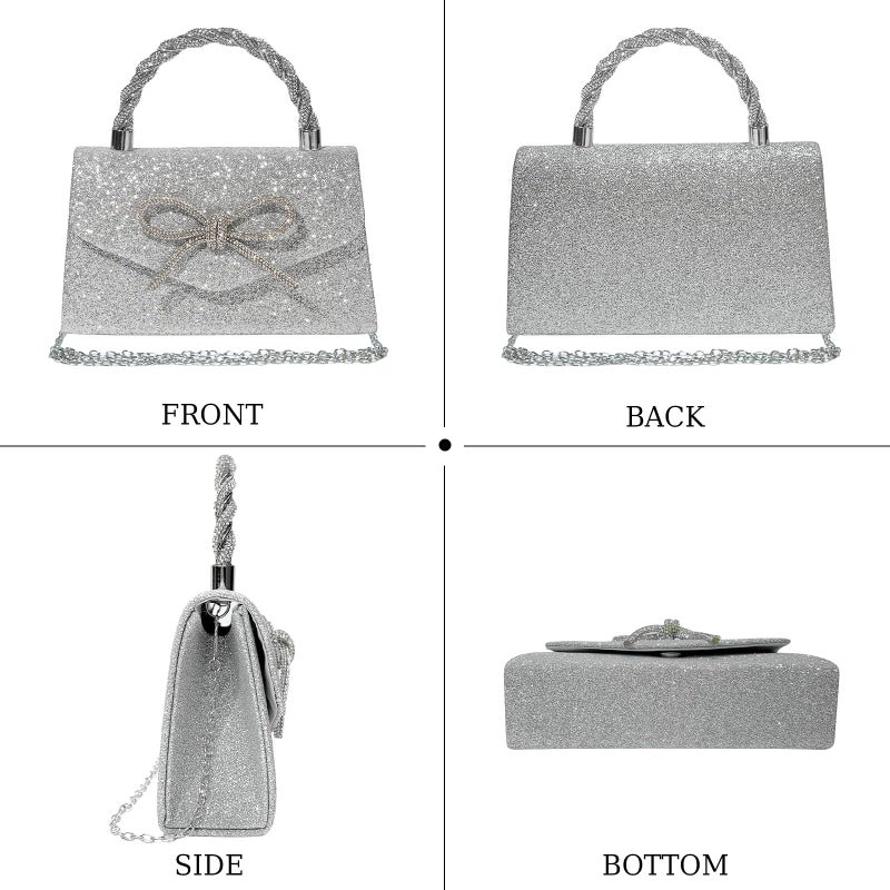LJMBOEN Women Evening Bag Sparkly Bow Clutch Purses Wedding Glitter Rhinestone Clutch Bags Dressy Handbags for Party, Prom (Silver) - Image 4