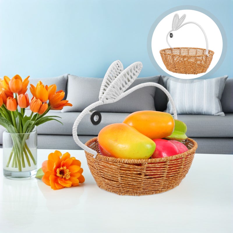 Basket with Handle - Imitation Rattan Bunny Ear Tote - Woven Candy Holder Organizer for Spring Party Decoration Classroom Storage - Image 1