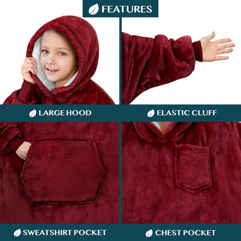 PAVILIA PAVILIA Wearable Blanket Sweatshirt for Kids Boy Girl Wine Red Burgundy Maroon  Warm Cozy Giant Blanket Hoodie  Fleece Sherpa Oversized Blanket Sweatshirt with Sleeves  Big Pocket - Image 2