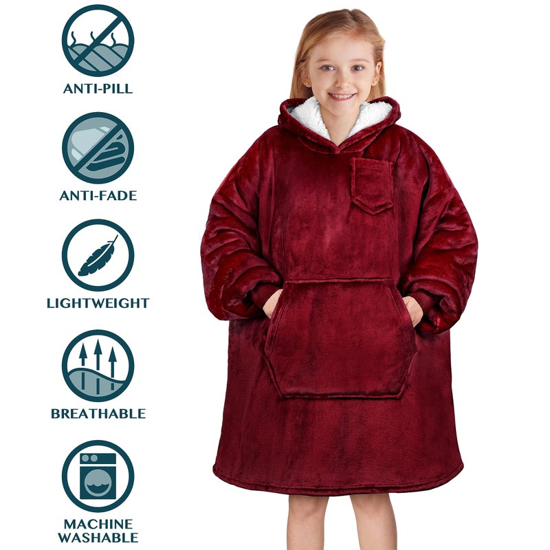 PAVILIA PAVILIA Wearable Blanket Sweatshirt for Kids Boy Girl Wine Red Burgundy Maroon  Warm Cozy Giant Blanket Hoodie  Fleece Sherpa Oversized Blanket Sweatshirt with Sleeves  Big Pocket - Image 5