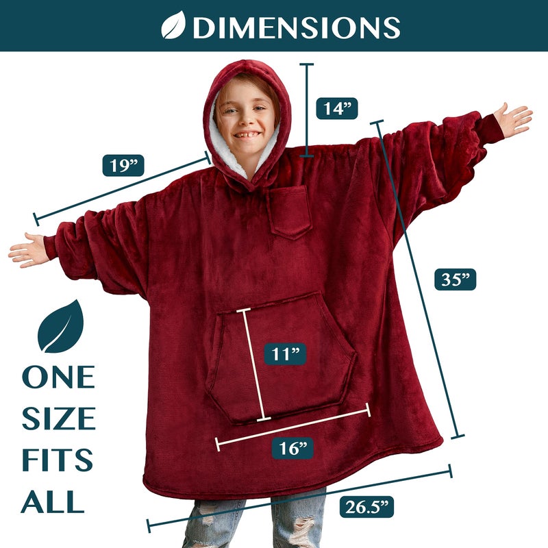 PAVILIA PAVILIA Wearable Blanket Sweatshirt for Kids Boy Girl Wine Red Burgundy Maroon  Warm Cozy Giant Blanket Hoodie  Fleece Sherpa Oversized Blanket Sweatshirt with Sleeves  Big Pocket - Image 4