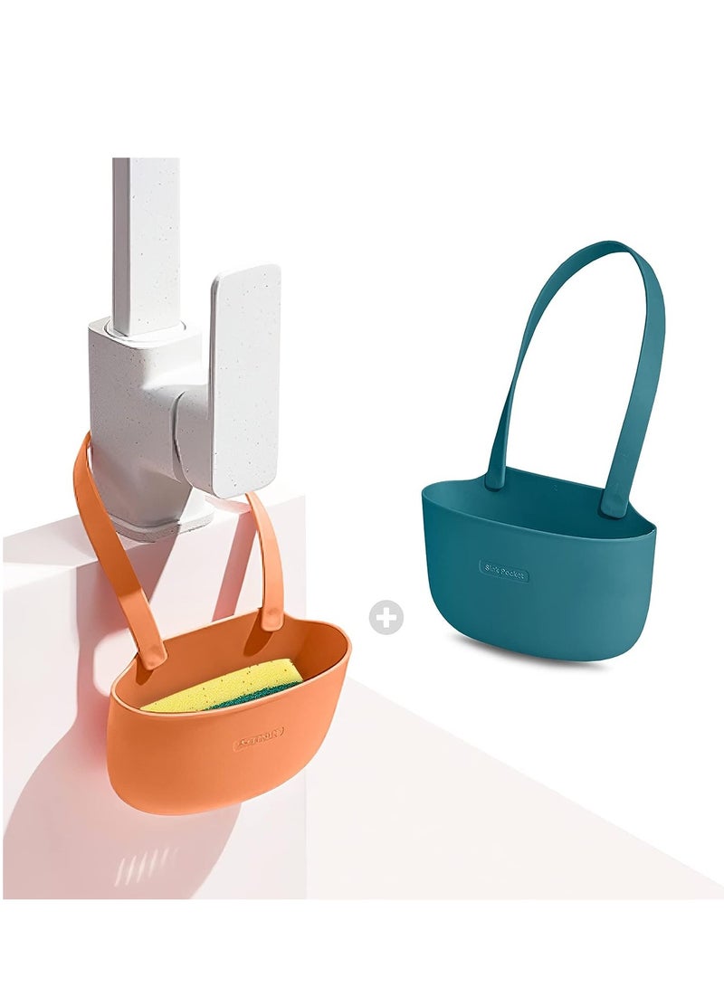KASTWAVE 2 Pcs Silicone Sponge Holder, Sink Hanging Basket Drainer for Kitchen Sink, Soap Holder No Installation Needed Kitchen Sink Caddy for Kitchen Sink Organizer, Green and Orange - Image 1