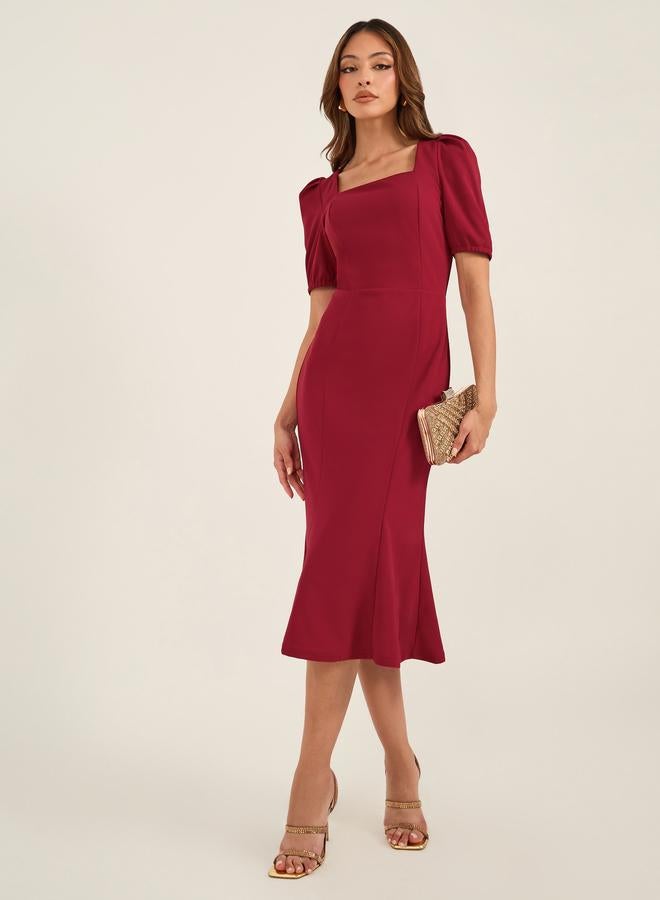 Take Two Square Neck Puff Sleeve Mermaid Hem Midi Dress - Image 1