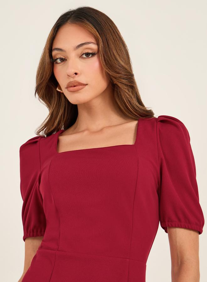 Take Two Square Neck Puff Sleeve Mermaid Hem Midi Dress - Image 4