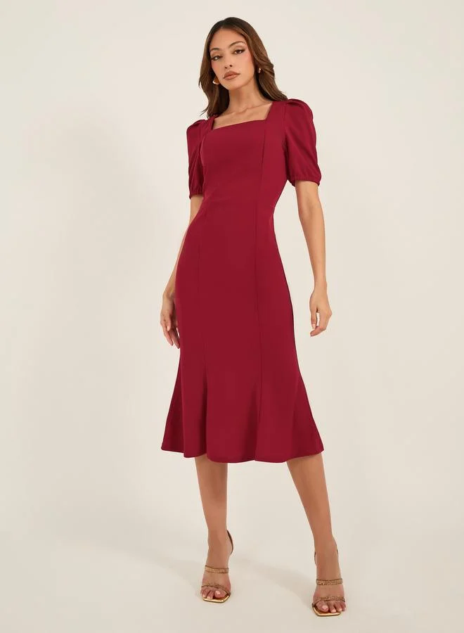 Take Two Take Two Square Neck Puff Sleeve Mermaid Hem Midi Dress