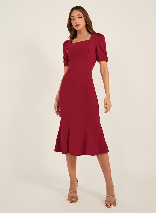 Take Two Square Neck Puff Sleeve Mermaid Hem Midi Dress - Image 2