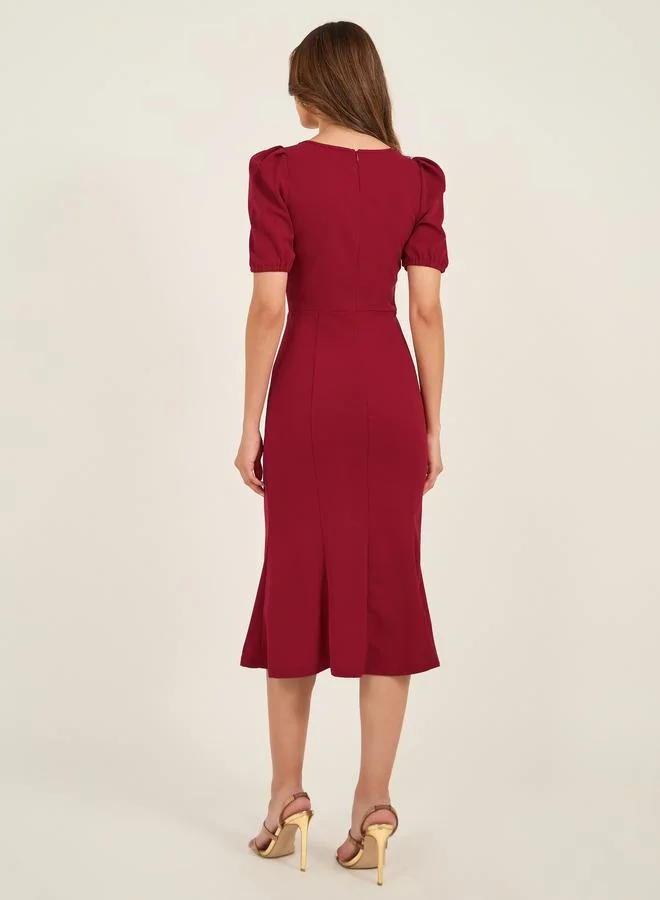 Take Two Take Two Square Neck Puff Sleeve Mermaid Hem Midi Dress