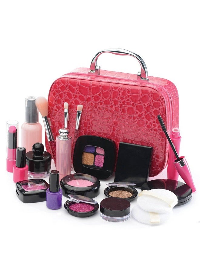 Prextex - Girls Pretend Makeup Set 21 Pcs Pretend Play Cosmetic Beauty Makeup Set With Cute Pink Leather Look Cosmetic Case For Little Girls Realistic Kids Makeup Set. - Image 1
