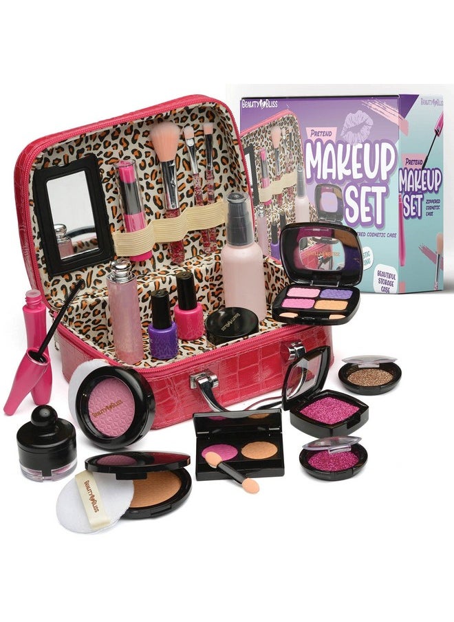 Prextex - Girls Pretend Makeup Set 21 Pcs Pretend Play Cosmetic Beauty Makeup Set With Cute Pink Leather Look Cosmetic Case For Little Girls Realistic Kids Makeup Set. - Image 1