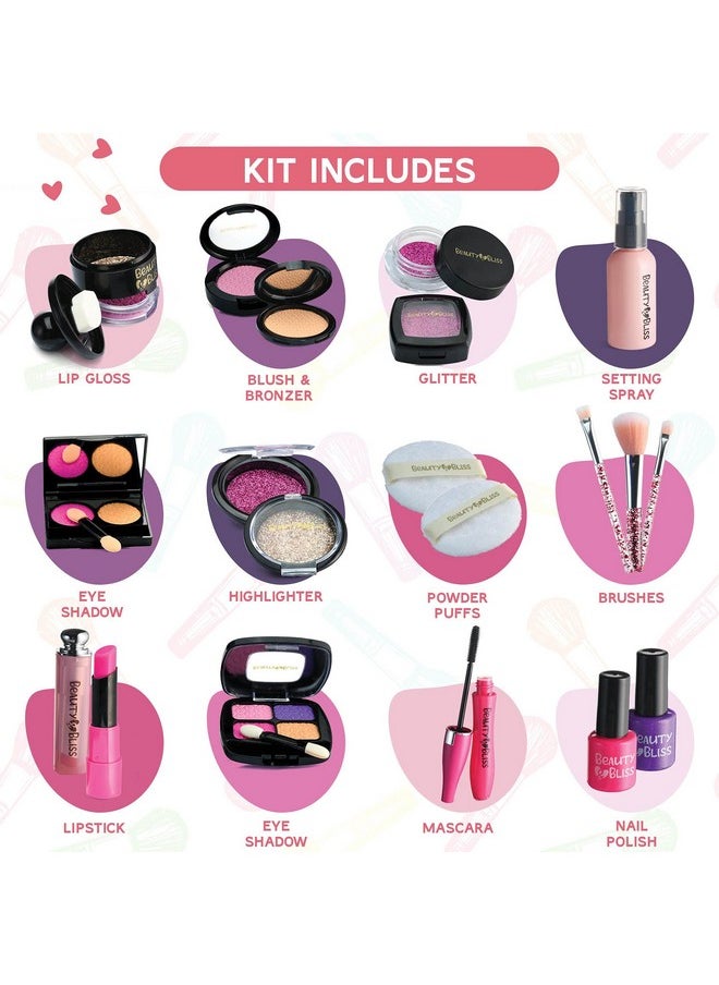 Prextex - Girls Pretend Makeup Set 21 Pcs Pretend Play Cosmetic Beauty Makeup Set With Cute Pink Leather Look Cosmetic Case For Little Girls Realistic Kids Makeup Set. - Image 1