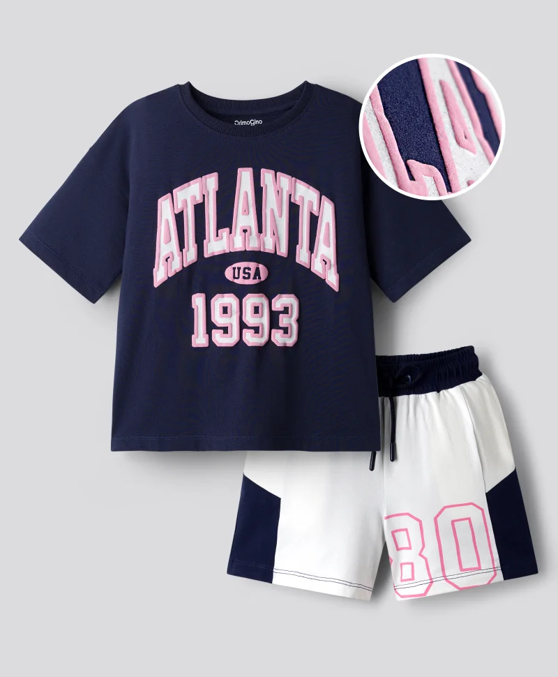 Primo Gino Primo Gino Cotton Elastane Knit Half Sleeves Oversized T-Shirt & Shorts Set with Text Graphic - Navy Blue & White