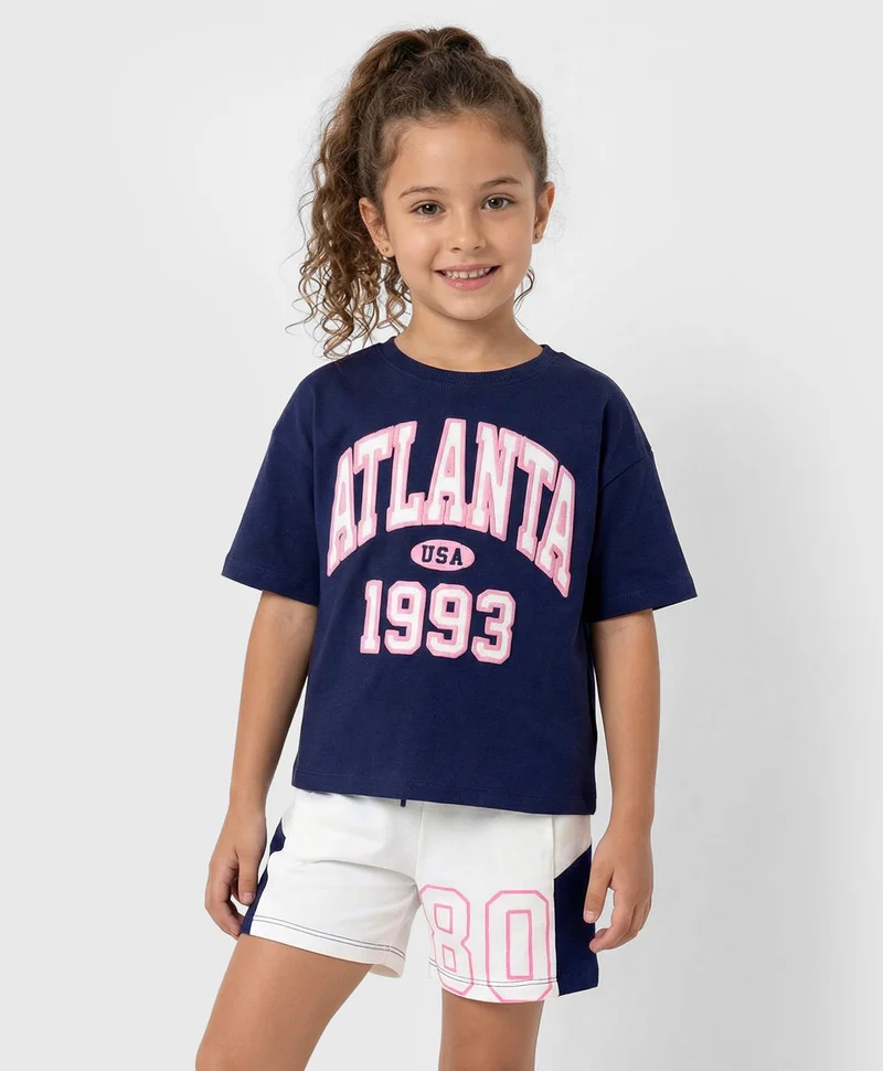 Primo Gino Primo Gino Cotton Elastane Knit Half Sleeves Oversized T-Shirt & Shorts Set with Text Graphic - Navy Blue & White