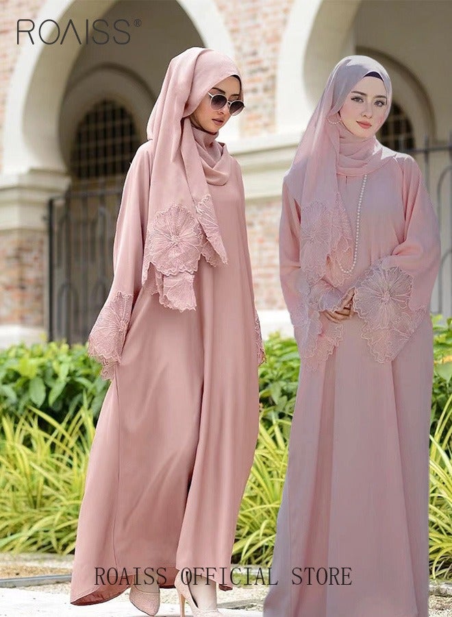 2 PCS Women's Abaya Robe Dress and Headscarf Set Solid Color Floral Embroidery Lace Long Sleeves Abaya Traditional Wear Pink for Spring Summer Outfit Ramadan Eid Al-Adha Gifts