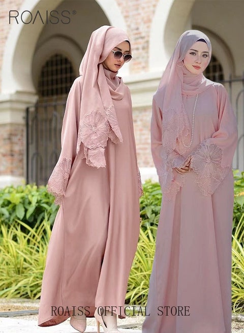 طقم عباية نسائية مكون من قطعتين، فستان ورداء وحجاب، لون سادة، دانتيل، تطريز زهري، أكمام طويلة، عباية تقليدية، وردي، مناسب لفصل الربيع والصيف، هدايا رمضان وعيد الأضحى
